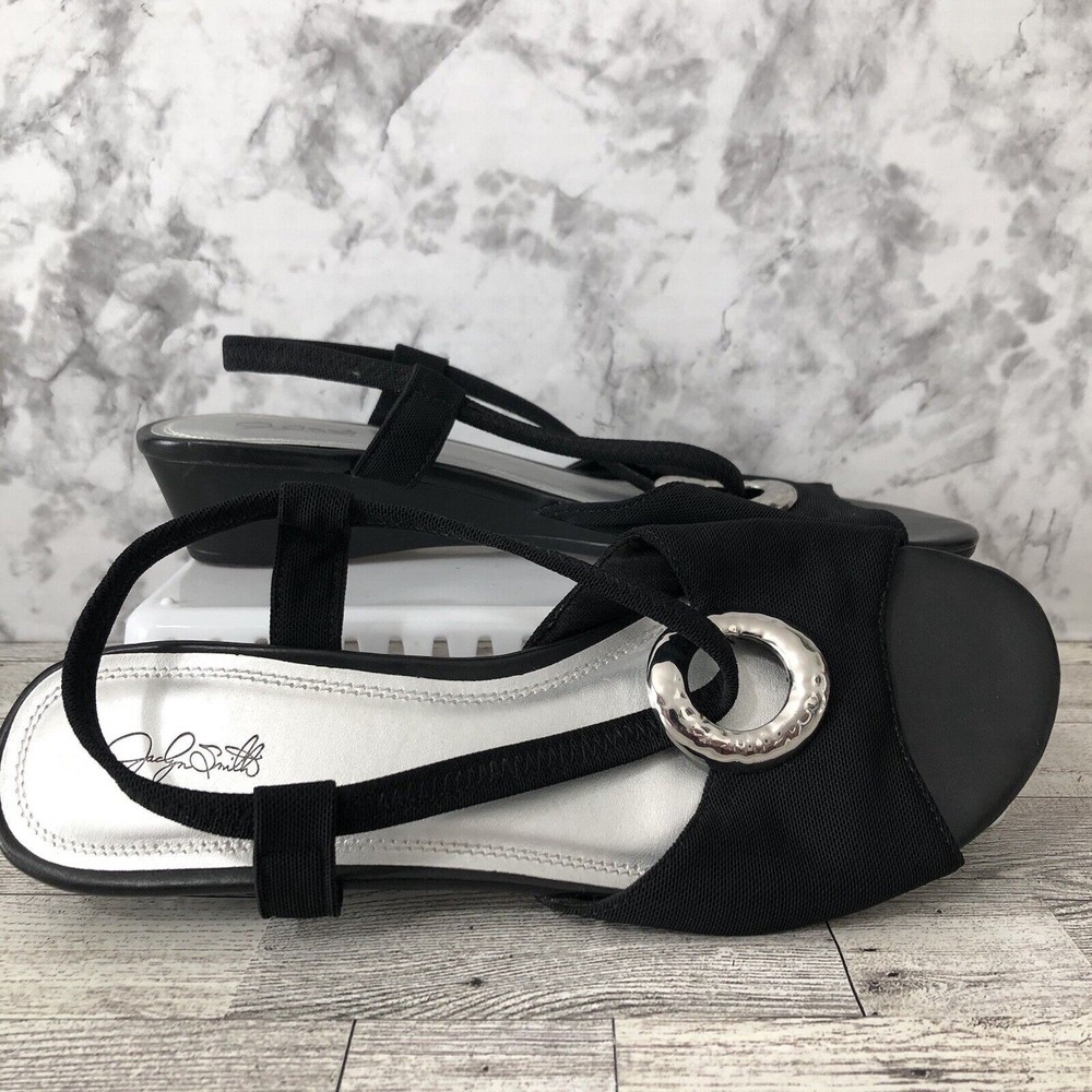 Jaclyn Smith Sling Back Sandals Womens Size 8.5 Black Open Toe Wedge Heel Rosa